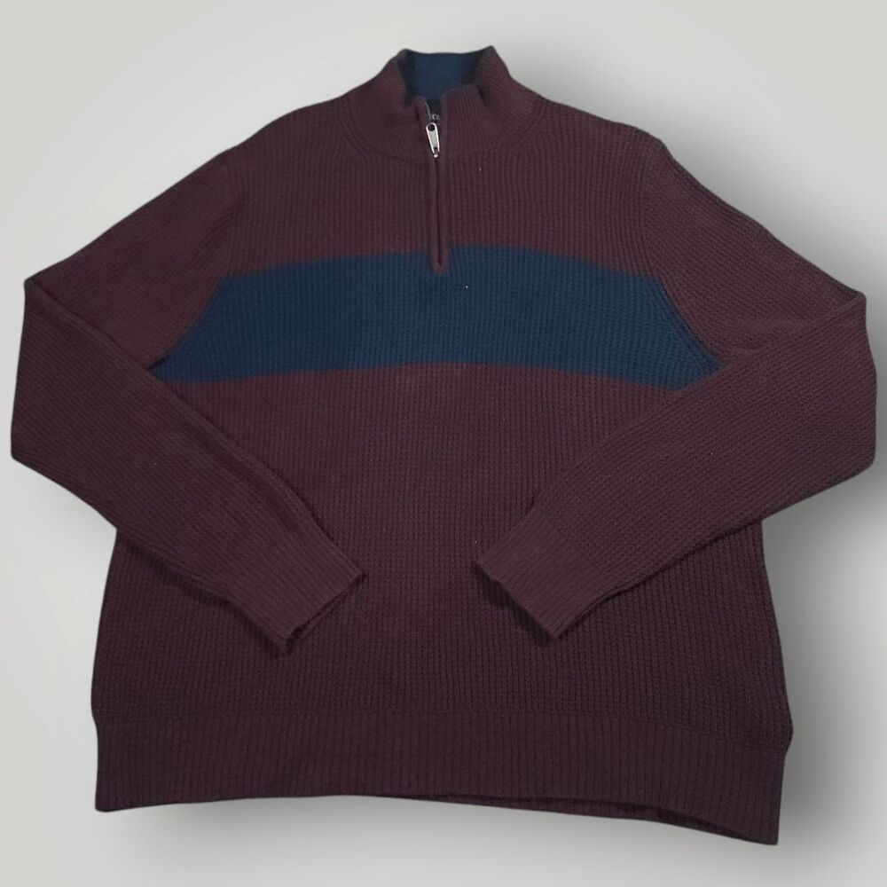 J Crew Sweater Mens XL Cotton Half Zip Waffle Knit Mock Neck Pullover Burgundy